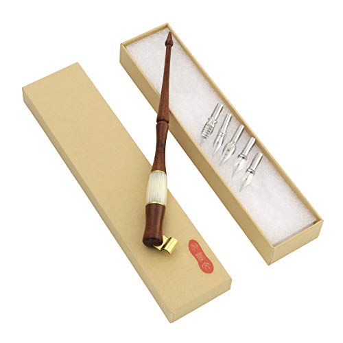 Yoption Wood Calligraphy Oblique Dip Pen Holder Set, Removable Nib Pen Handle Stand with 5 Flat Nibs Kit - color: Dip Pen+5pcs Nibs