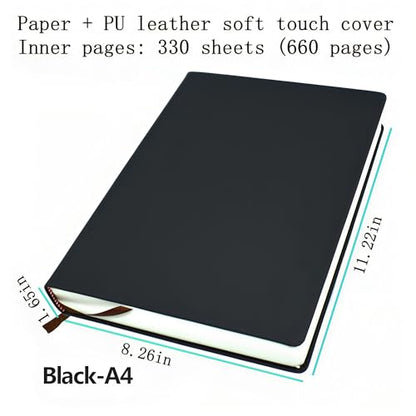 jooact Thick Sketchbook 660 Pages Notebook Soft Faux Leather Cover Journal 80GSM Paper Notepad Drawing Book Memo Writing Sketch Pad Diary Notebook - color: Black, size: A4