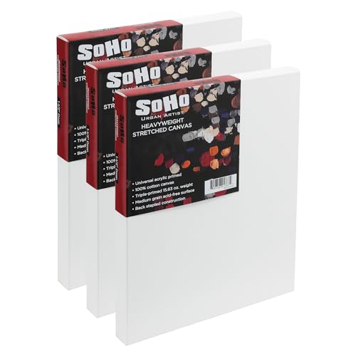 SoHo Urban Artist, 11x14 Heavyweight Stretched Cotton Canvas for Painting - 1.5" Deep- 3 Pack, Triple Primed, 100% Cotton Canvas, Archival, Universal Primed for Oil, Acrylic, Alkyd, Mixed Media - size: 11"x14"