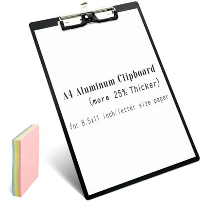 Aluminum Metal Clipboard Stainless Hangable Pen Holder Low-Profile Clip Board Size A4 9" x 12.6" with Sticky Note for School Office Business Medical Professionals Workshop Factory (Black, Aluminum-A4) - style: Black