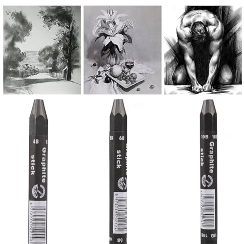 Graphite Sticks for Drawing- Water Soluble -Soft 4B 6B 10B, Artist Graphite Sticks Pencil Set for Sketching, Shading, Pack of 3 Pcs
