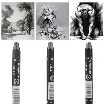 Graphite Sticks for Drawing- Water Soluble -Soft 4B 6B 10B, Artist Graphite Sticks Pencil Set for Sketching, Shading, Pack of 3 Pcs