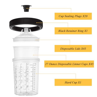 27 Oz Disposable Paint Cups for HVLP Spray Gun 27 Ounce (800ml) Cups Kit with 45 Cups and Lids System, 1 Hard Cup with Retainer Ring and 20 Cup Sealing Plugs