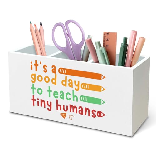 DILSJ Teacher Appreciation Gifts Pen Pencil Holder Organizer for Desk, Teacher Thankful Appreciation Gifts, It's a Good Day to Teach Tiny Humans Wooden Box Signs for Women Desk Tabletop Decoration - color: Crayon