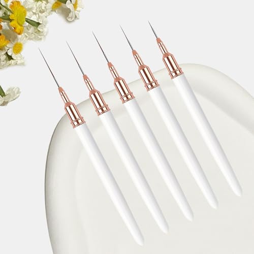 5PCS Liner Brushes for Nails, Nail Art Liner Brushes Set, 6/9/12/15/18mm Thin Detail Brush for Long Lines & Fine Drawing, UV Gel Polish Painting Nail Design Tools- White - color: White