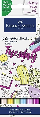Faber-Castell Goldfaber Alcohol Sketch Markers: 6 Dual Tip Markers Colors - Kawaii Dual Brush and Fineliner Pastel Markers, Alcohol Markers for Artists, Art Markers for Journaling and Drawing - style: kawaii
