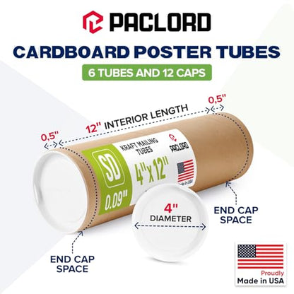 4" x 12" Reinforced Kraft Paper Mailing Tube, Pack of 6 Tubes with 12 Caps – Secure USPS Approved Poster Tube – Made in USA Cardboard Tube for Shipping and Storing Posters, Prints, Artwork - size: 4" x 12", style: Standard Duty
