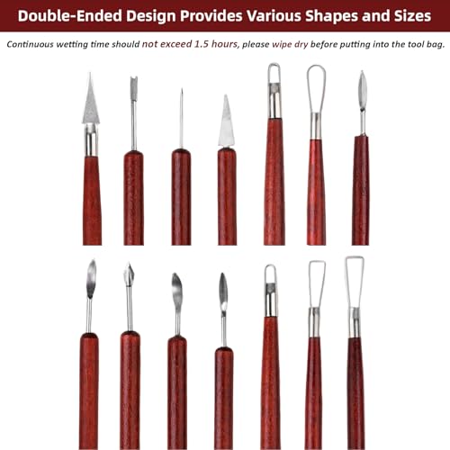 Blisstime 18PCS Clay Sculpting Tools, Basic Clay Pottery Carving Tool Kit with Wooden Handles and Tool Bag - color: Red