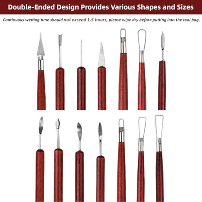 Blisstime 18PCS Clay Sculpting Tools, Basic Clay Pottery Carving Tool Kit with Wooden Handles and Tool Bag - color: Red
