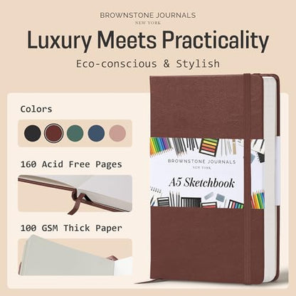 BROWNSTONE JOURNALS A5 Sketch Book Hardcover - 80 Sheets 100 GSM Paper 5"x8", Lay Flat, Vegan Leather Cover, Elastic Band, Back Pocket, Art Drawing Book (Chestnut Brown) - color: Chestnut Brown, size: A5 (5" x 8")