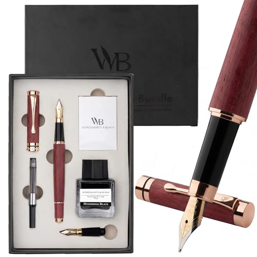 Wordsworth & Black Fountain Pen Set, Luxury Bamboo Wood - Medium Nib, Extra FIne Nib, Gift Case; 25ML Black Ink Bottle, 6 Ink Cartridges, Refill Converter - Calligraphy, Writing [Violet Wood] - color: Violet Wood
