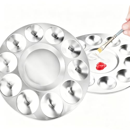 JKJF 2 Pcs Round Paint Tray Palettes, Metal 10 Well, for Artist Watercolours DIY Craft Professional Art Painting