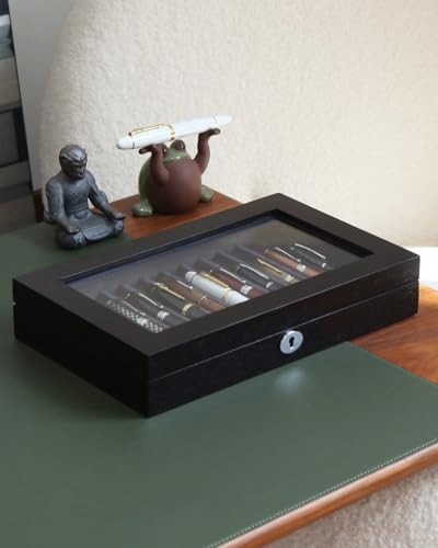 Wood Pen Display Case with 12 Pens, Fountain Pen Display Box, Lockable Pen Storage Box with Glass Top, Pen Box Organizer, Pen Collection Display Case (Black with Gray Velvet) - color: Black 12 Slots, Gray Velvet