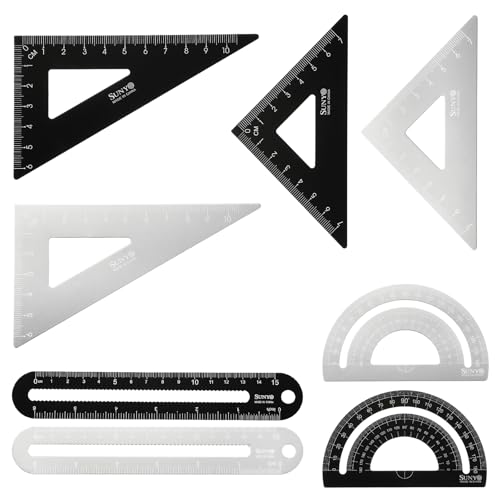 HARFINGTON 8pcs Triangular Ruler Set 15cm/6" Aluminum Alloy Straight Geometric Protractor Triangle Engineering Scale Drafting Ruler Measuring Drawing Tool for Classroom, Silver White/Black - color: Silver White/Black
