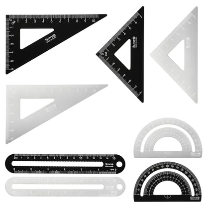 HARFINGTON 8pcs Triangular Ruler Set 15cm/6" Aluminum Alloy Straight Geometric Protractor Triangle Engineering Scale Drafting Ruler Measuring Drawing Tool for Classroom, Silver White/Black - color: Silver White/Black