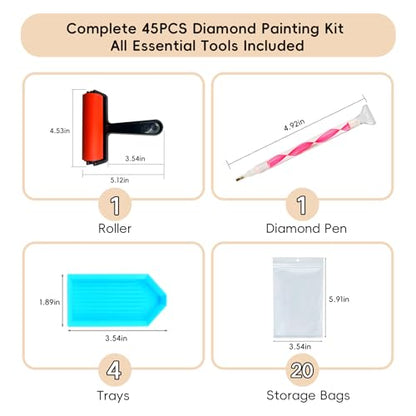 AZY 45PCS Diamond Painting Tools Kit – Diamond Art Accessories Set with Diamond Pens, 20 Storage Bags, Trays, Roller, Pink Non-Slip Mat & Essential Diamond Painting Tools for Beginners & Adults