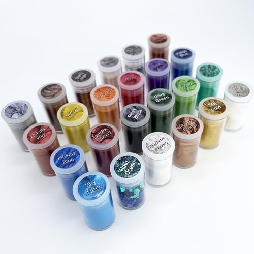 VITARIE Pigment Set - 24 Colors Mica Powder for Lip Gloss, Skin Paint, Bath Bombs, Soap Making, Nail Polish, Epoxy Resin, Candle - 0.11oz Each (20 Jars Mica + 4 Jars Glitter) - color: White,Balck,Silver,Gold,Yellow,Metallic,Orange,Rose,Purple,Blue,Green,H