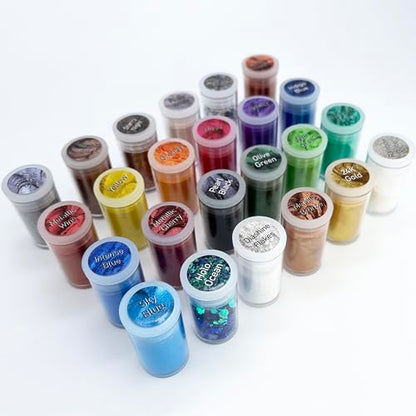 VITARIE Pigment Set - 24 Colors Mica Powder for Lip Gloss, Skin Paint, Bath Bombs, Soap Making, Nail Polish, Epoxy Resin, Candle - 0.11oz Each (20 Jars Mica + 4 Jars Glitter) - color: White,Balck,Silver,Gold,Yellow,Metallic,Orange,Rose,Purple,Blue,Green,H