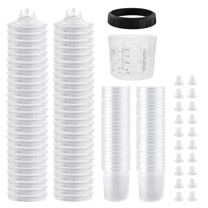 Disposable Paint Spray Gun Cup Liners & Lid System, 50Pcs Standard 6.76 Ounce (200ml) Kit - 125 Mic- 50 Cup Liners, 50 Lids with Strainer, 1 Hard Cup with Retainer Ring 20 Plugs - size: 6.76 Ounce (125Mic) Kit-50PCS