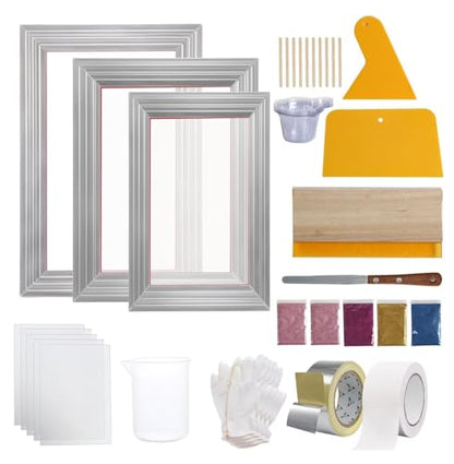 Screen Printing Kit, 3 Aluminum Frames, 5 Glitter Colors, Squeegee & Films for DIY T-Shirts - 6x10, 8x12, 10x14 inch 110 Mesh