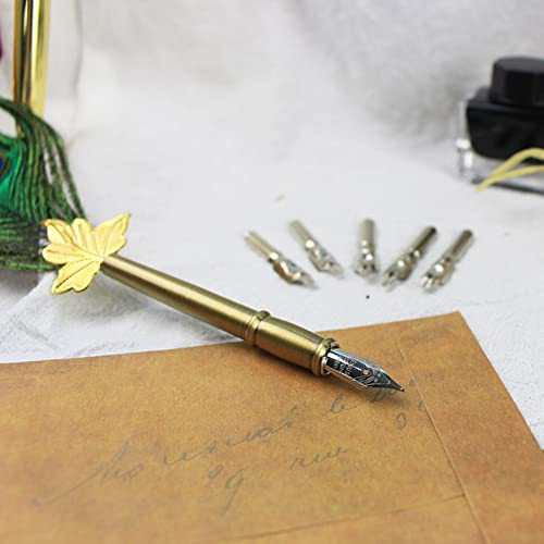 Peacock Feather Quill Pen Set- Vintage Writing Feather Calligraphy Pen with Pen Holder, as Birthday Xmas Gift