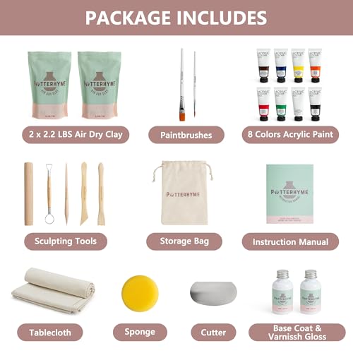 Pottery Starter Kit for Adults with Air Dry Clay – Complete Deluxe Home Sculpting & Making Set with Tools, 8 Paint Colors & Varnish - DIY Home Ceramics for Beginners, Date Night Activities Gifts