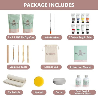 Pottery Starter Kit for Adults with Air Dry Clay – Complete Deluxe Home Sculpting & Making Set with Tools, 8 Paint Colors & Varnish - DIY Home Ceramics for Beginners, Date Night Activities Gifts