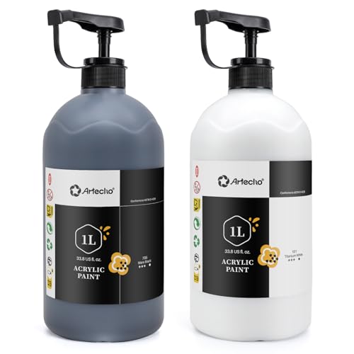 Artecho White and Black Acrylic Paint 1000ml / 33.8 fl oz Pump Dispenser | Large Bottle, Semi Glossy Finish, High Pigment Rich Color Craft Paint for Canvas, Rocks, Wood, Ceramic, Easy dispensing - color: White and Black, size: 33.8 Fl Oz (Pack of 1)