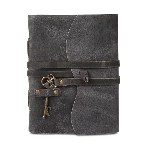 Leather Journal with Deckle Edge Paper 8x6 inch and Vintage Key | Handmade Writing Notebook Diary | Bound Daily Notepad for Men & Women Medium, Sketch/Writing pad for Artists - color: Grey, size: 7 x 5, style: Unlined Deckle Paper