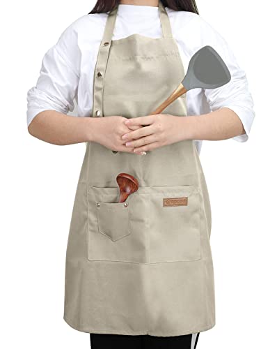 Kitchen Cooking Apron for Women Men with Big Pockets Canvas Waterproof Aprons for Server Pottery Artist Chef Apron - color: Off-white