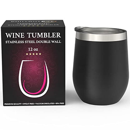 CHILLOUT LIFE 12 oz Stainless Steel Wine Tumbler with Lid - Double Wall Vacuum Insulated Wine Cup Glass Keeping Cold & Hot for Coffee, Champagne, Cocktails, Ice Cream - Powder Coated Black - color: Black, style: 1 Pack
