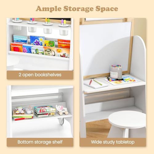 INFANS Easel for Kids with Stool, 4-in-1 Double-Sided Adjustable Magnetic Chalkboard with Paper Roll, Bookshelves, Wheels, Wooden Standing Painting Drawing Art Board for Boys Girls - style: White