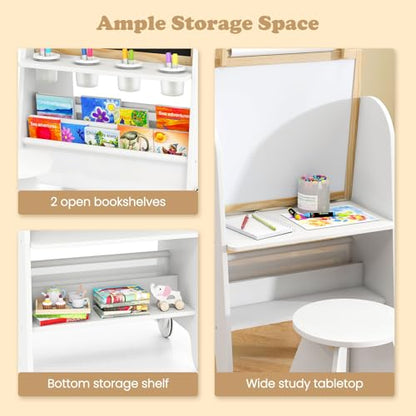 INFANS Easel for Kids with Stool, 4-in-1 Double-Sided Adjustable Magnetic Chalkboard with Paper Roll, Bookshelves, Wheels, Wooden Standing Painting Drawing Art Board for Boys Girls - style: White