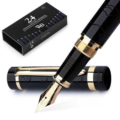 Wordsworth & Black Primori Fountain Pen Set for Writing, Extra Fine Nib | Black Gold, Gift for Men & Women, Metal Body, 18K German Iridium, Calligraphy, Converter + 24 Ink Cartridges, Refillable - color: Black Gold, style: Extra Fine Nib