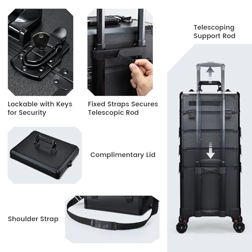 Rolling Makeup Case Makeup Train Case with Lid 5 in 1 Cosmetology Case on Wheels Cosmetic Trolley Organizer Large Makeup Organizers Case Profesional Cosmetic Case for Salon Barber Nail Beauty, Black - color: Black