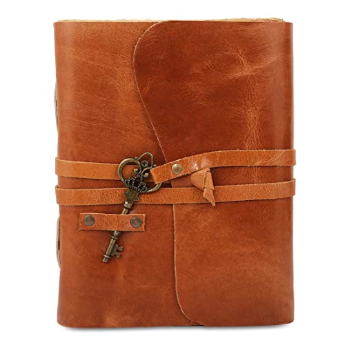 Leather Journal with Deckle Edge Paper 8x6 inch and Vintage Key | Handmade Writing Notebook Diary | Bound Daily Notepad for Men & Women Medium, Sketch/Writing pad for Artists - color: Tan, size: 8 x 6, style: Lined Deckle Paper