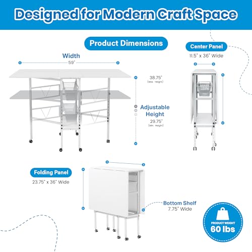 Sew Ready Folding Sewing Craft Table with Storage, Adjustable Height Cutting Desk with Drawers and Wheels for Quilting, Fabric, and Hobby Room, White - color: White / White