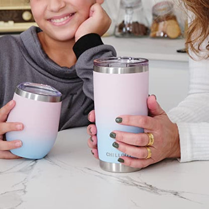 CHILLOUT LIFE 12 oz Stainless Steel Wine Tumbler with Lid - Double Wall Vacuum Insulated Wine Cup Glass Keeping Cold & Hot for Coffee, Champagne, Cocktails, Ice Cream - Powder Coated Pink/Teal - color: Cotton Candy, style: 1 Pack