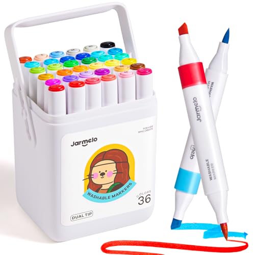 Jar Melo Washable Dual Tip Markers for Kids Ages 4-8, Brush & Chisel Tip, Water-Based Coloring Markers, Double-Tipped 36 Colors Marker Set with Storage Case, School Art Supplies for Boys & Girls - style: 36 Colors