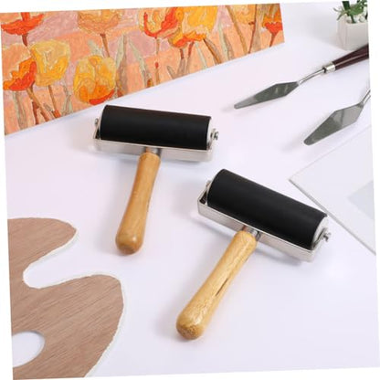 OSALADI 10cm Roller Set 4pcs Rubber Ink Roller Wooden Handle for Printmaking Crafting Watercolor Techniques for Artists and Boys and Girls
