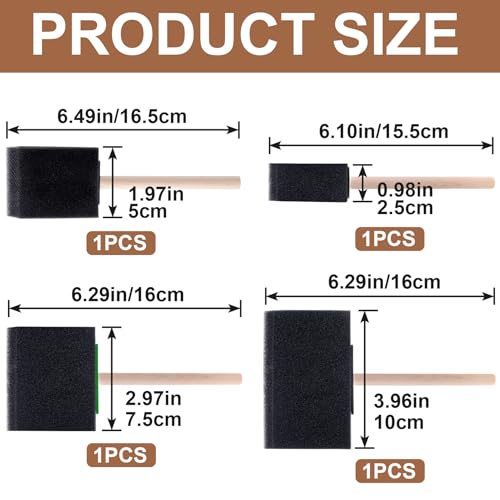 4 pcs Foam Paint Brushes, 1"/2"/3"/4" Reusable Wood Handle Sponge Brushes for Staining, Flexible Craft Foam Brushes for DIY Painting, Varnishes, Cleaning - Black