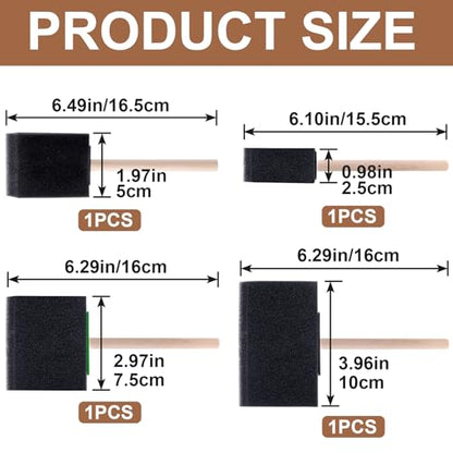 4 pcs Foam Paint Brushes, 1"/2"/3"/4" Reusable Wood Handle Sponge Brushes for Staining, Flexible Craft Foam Brushes for DIY Painting, Varnishes, Cleaning - Black