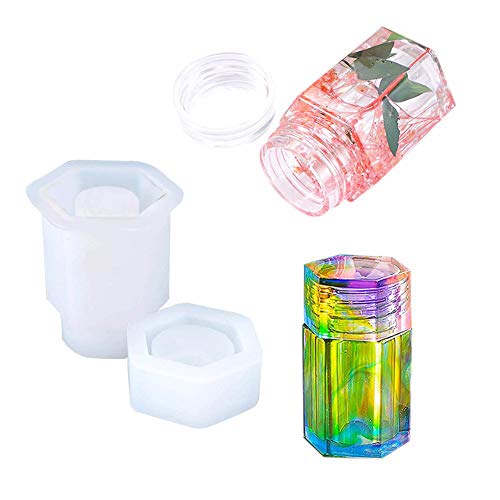 4 Style DIY Jewelry Resin Casting Molds Bottle Storage Jar with Lid Crystal Epoxy Mold Kit Handmade Craft Aromatherapy Candle Making Tool Clear Silicone Plaster Clay Mould （Hexahedron Bottle） - color: （Hexahedron Bottle）