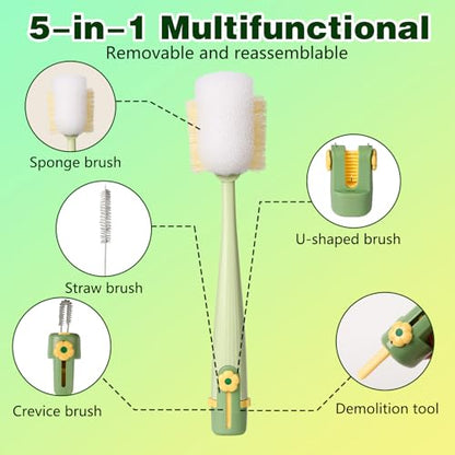 5 in 1 Bottle Cleaning Brush Set, 2026 New Multifunctional Water Bottles Cleaner Brushs, Detachable Portable Bottle and Cup Lid Cleaning Brush Tool, Straw, Lid, Gap & Cup Brushes (Green + White)