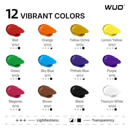 WUO 12 Colors Acrylic Paint Set, 250ml/8.45oz Bottles Acrylic Paint, Large Bulk Rich Pigment, Non-Toxic Waterproof Multi-Surface Painting Supplies for Artists Beginners on Canvas Wood Rock Crafts - color: 12 Colors