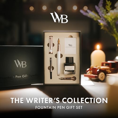 Wordsworth & Black Fountain Pen Set,18K Gilded Medium & Extra Fine Nib,25ML Black Ink Bottle,6 Ink Cartridges,Refill Converter,Gift Box,Smooth Writing Pen [White Rose Gold],Gift Set for Men and Women - color: White Rose Gold