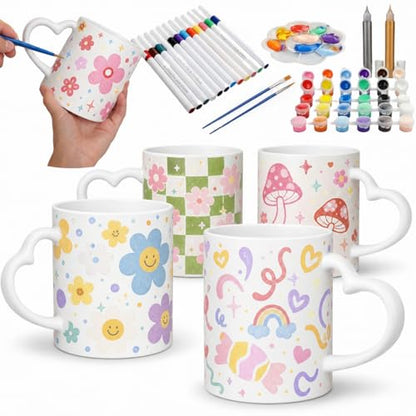 Potchen 4 Sets Paint Your Own Mug Painting Kits, Pastel Ceramic Mugs with Heart Handle Flower Cute Y2k Painting Mug Kit Activities Includes 4 Cups 8 Brushes 4 Palettes 2 Outlines Pen and 12 Markers