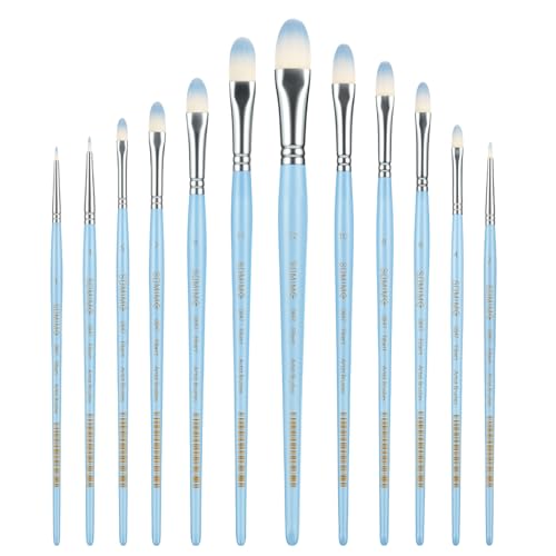 Professional Watercolor Paint Brush Set, 9 Pcs Filbert Artist Paint Brushes for Watercolor, Oil, Gouache and Acrylic Painting, Blue Handle - color: Blue, size: Filbert