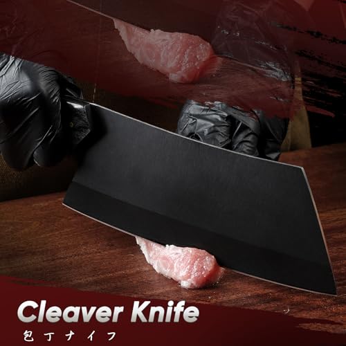 TIVOLI Meat Cleaver Knife 7inch - Black Butcher Knife for Meat Cutting - Japanese High Carbon Steel Cleaver for Vegetables Chopping - Kitchen Cooking Knives with Wooden Handle - Gift for Men and Women - size: 6.9"