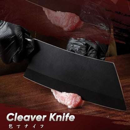 TIVOLI Meat Cleaver Knife 7inch - Black Butcher Knife for Meat Cutting - Japanese High Carbon Steel Cleaver for Vegetables Chopping - Kitchen Cooking Knives with Wooden Handle - Gift for Men and Women - size: 6.9"